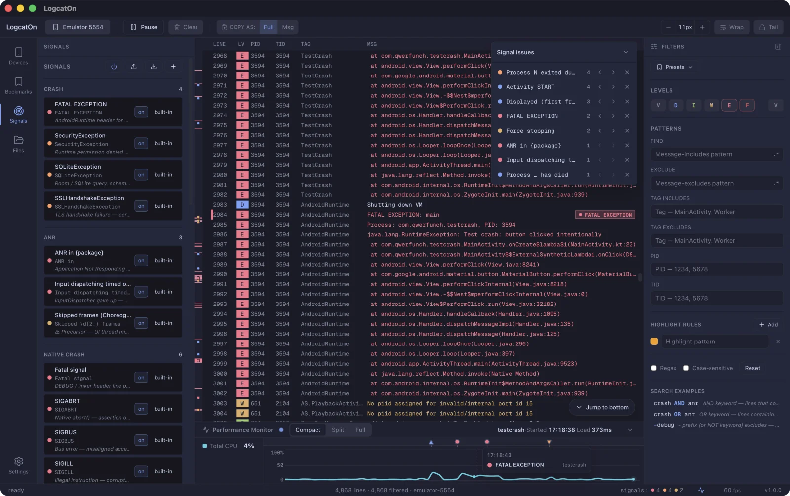 LogcatOn — crash signals on the minimap